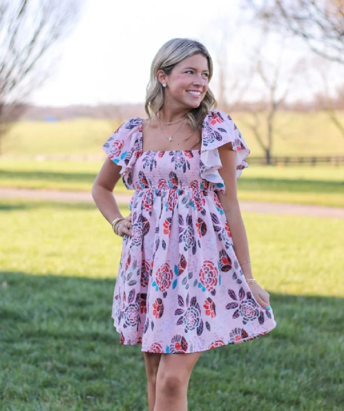 Pink & Floral Smocked Dress