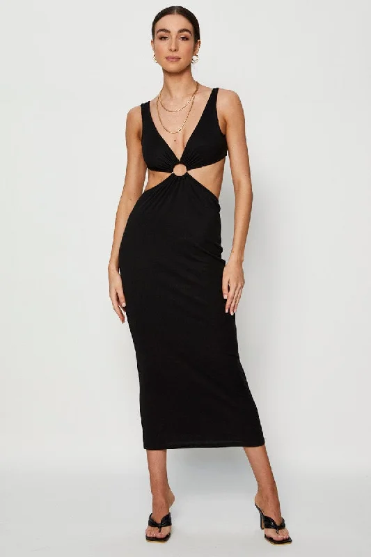 Black Midi Dress Ribbed Cut Out