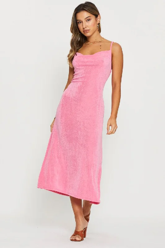 Pink Midi Dress Cowl Neck