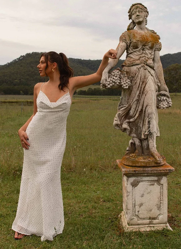 Alianna Cowl Neck Mesh Maxi Dress - White Polka Dot