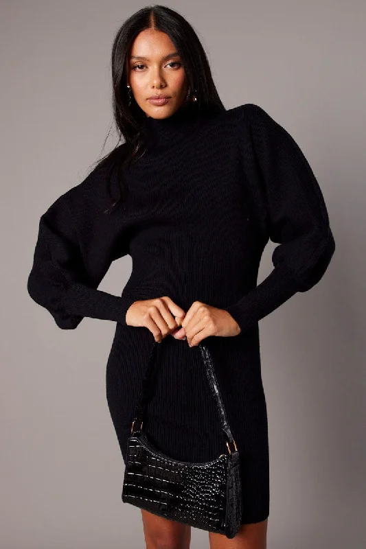 Black Knit Dress Long Sleeve Mini