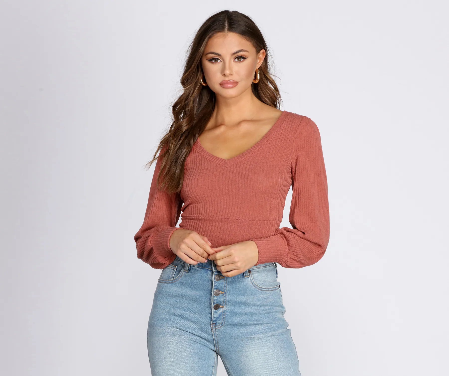 Brushed Ribbed Knit V-Neck