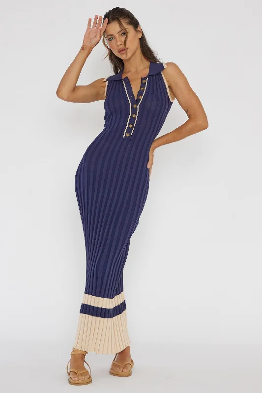 Cayla Button-Up Ribbed Knit Dress Navy