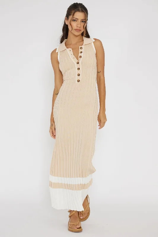 Cayla Button-Up Ribbed Knit Dress Sand