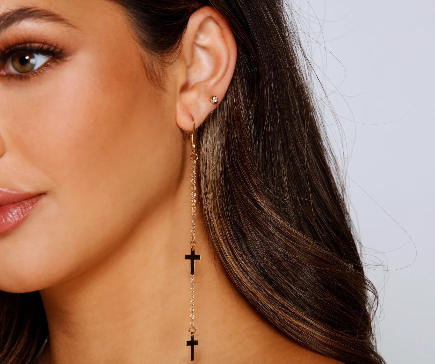 Cross Charm Linear Drop Earrings