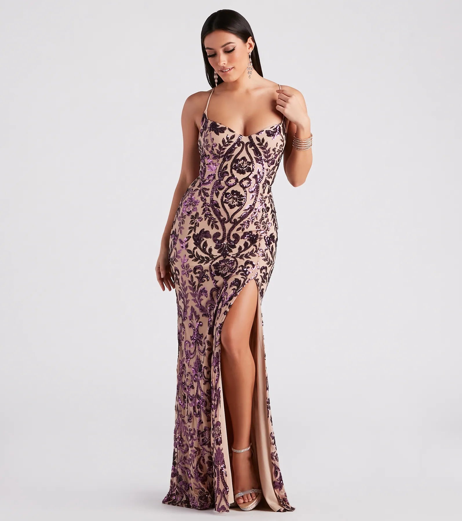 Lori Formal Sequin Lace-Up Long Dress