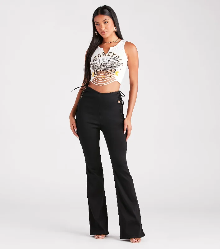 Stroll The City Mid Rise Lace-Up Flare Pants