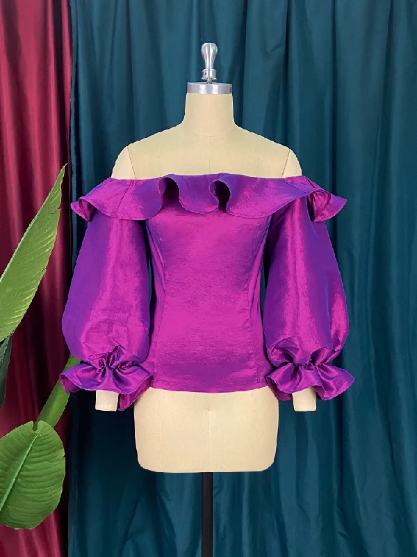 Shiny Purple Off Shoulder Ruffles Puff Sleeve Blouse