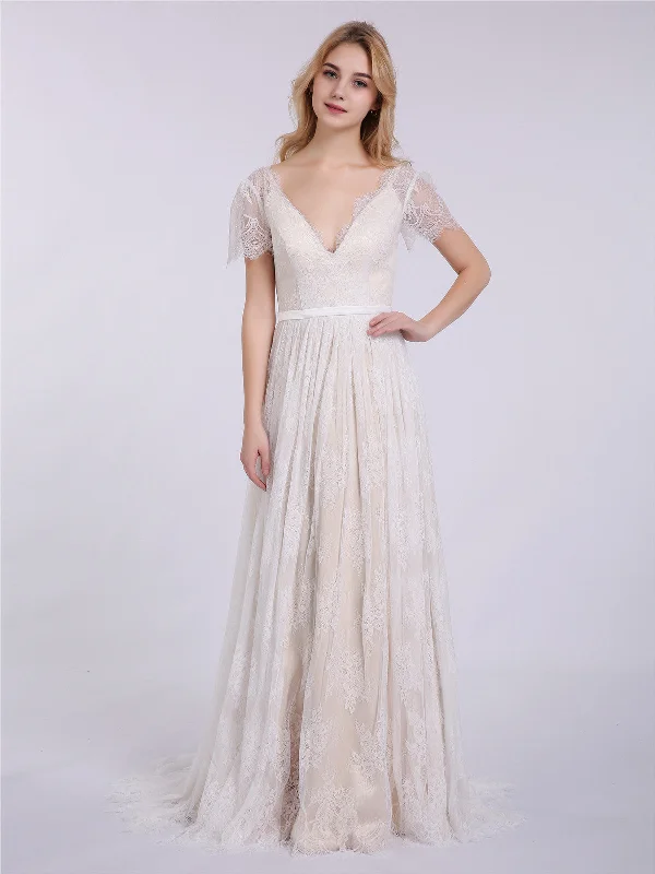 V-neck Lace Wedding Dress with Short Sleeves-Champagne