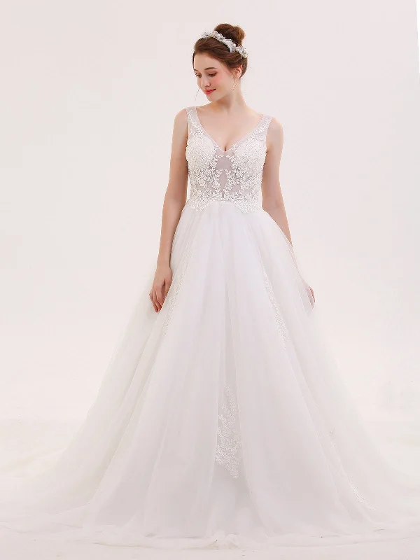 V-neck See Through Beaded Wedding Dress-Ivory