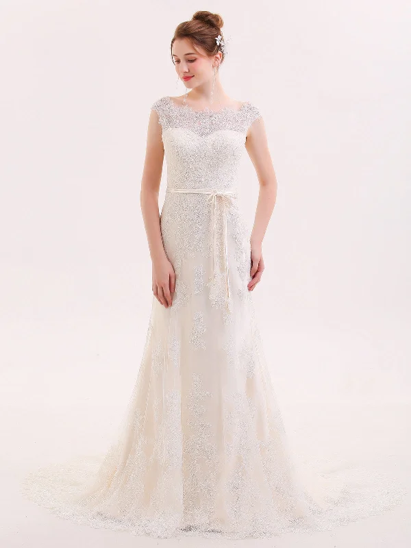 Illusion Neck Sheath Lace Wedding Dress-Champagne