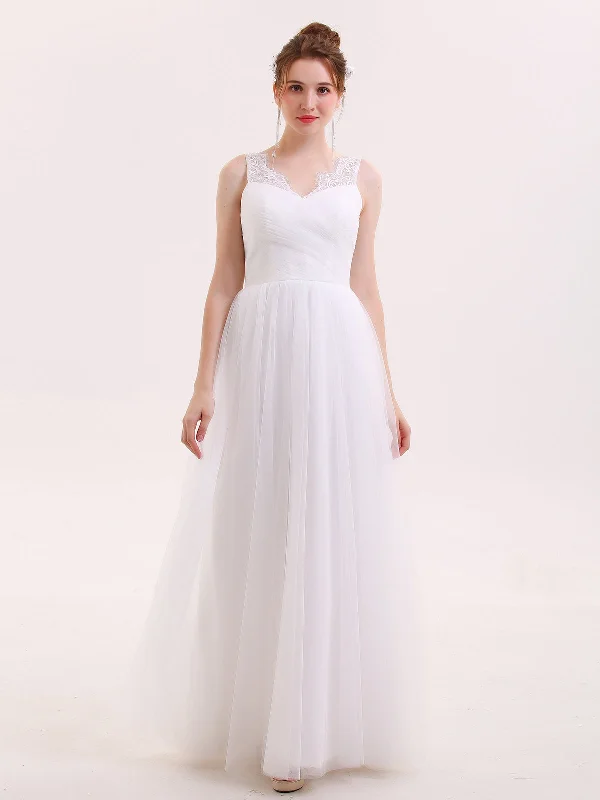 Tulle Full Length Dress with Lace Strap-White