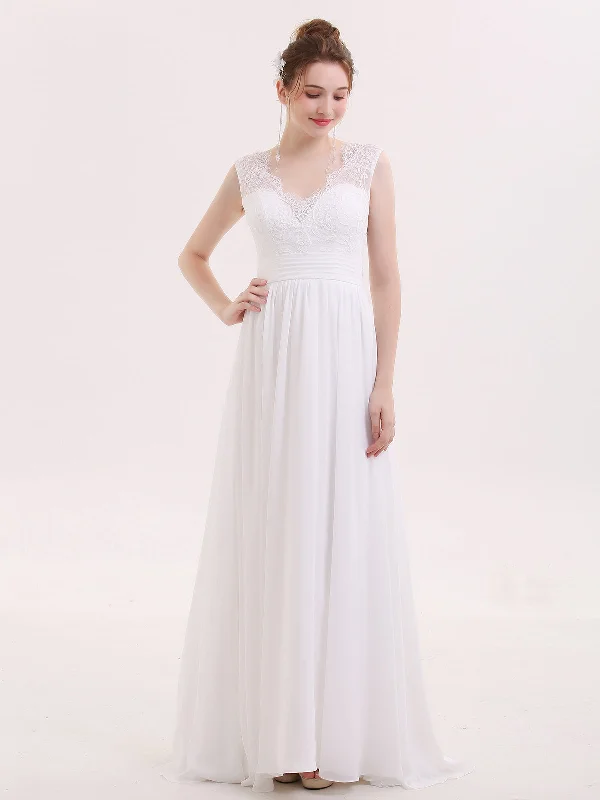 V-neck Chiffon Beach Wedding Dress with Bow-Ivory