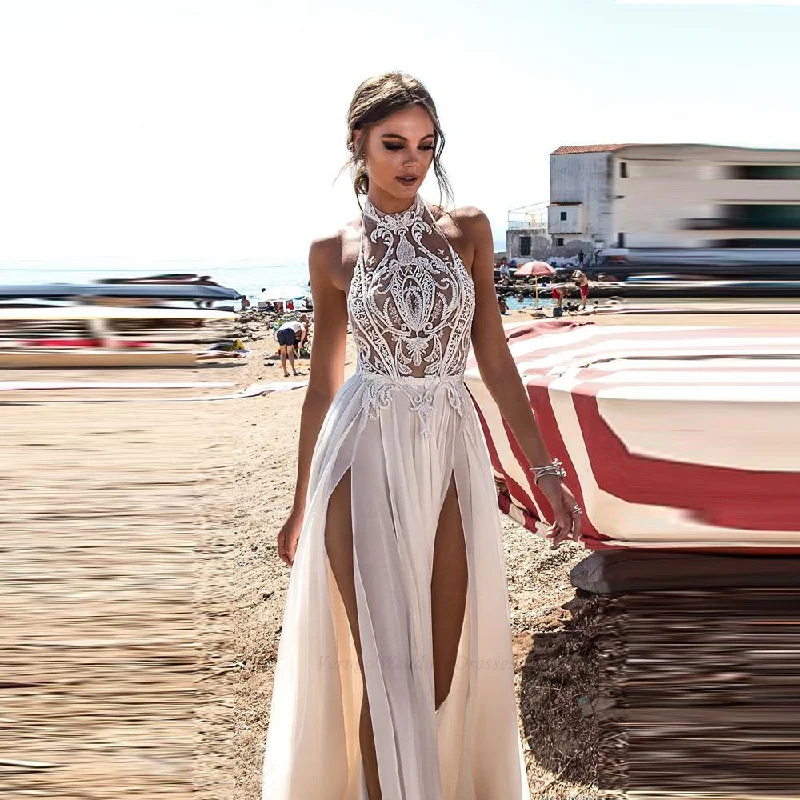 Beach Wedding Dress Boho Bride Gown Halter Lace Top Chiffon Bridal Dresses