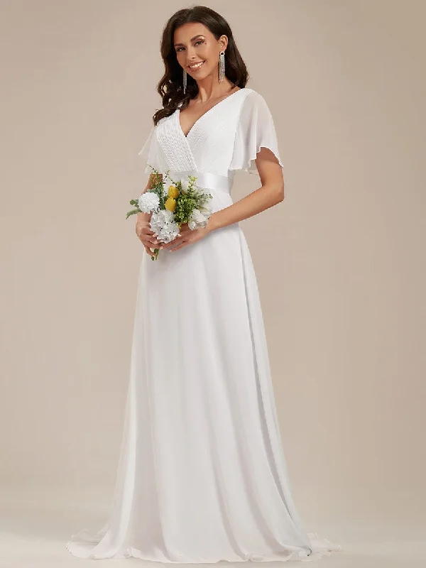 Kelsie flutter sleeve white chiffon wedding dress Express NZ wide