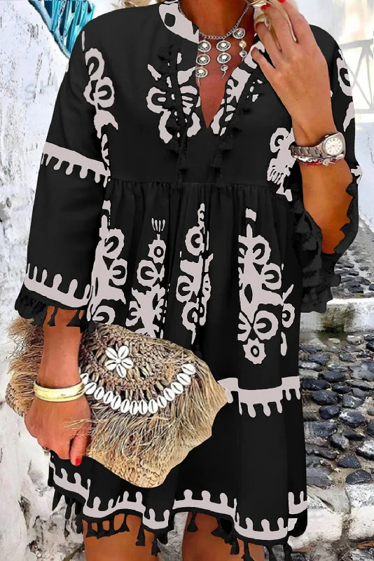 Blue Zone Planet |  Black Plus Size Western Floral Print Fringed V Neck Dress