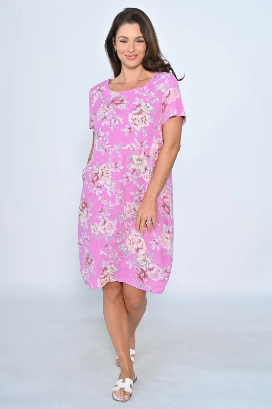 Linen Dress - Hot Pink Little Floral