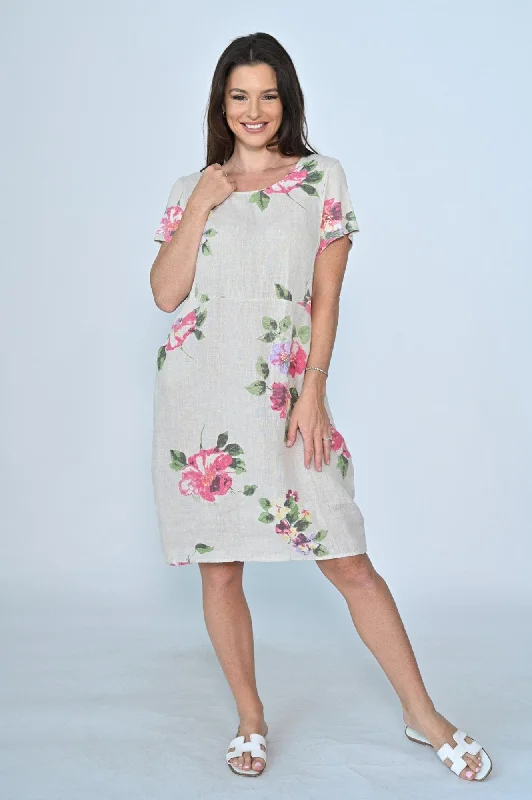 Linen Dress - Beige Big Floral