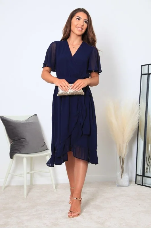 Double Second Navy Chiffon Wrap Dress With Tea Sleeve