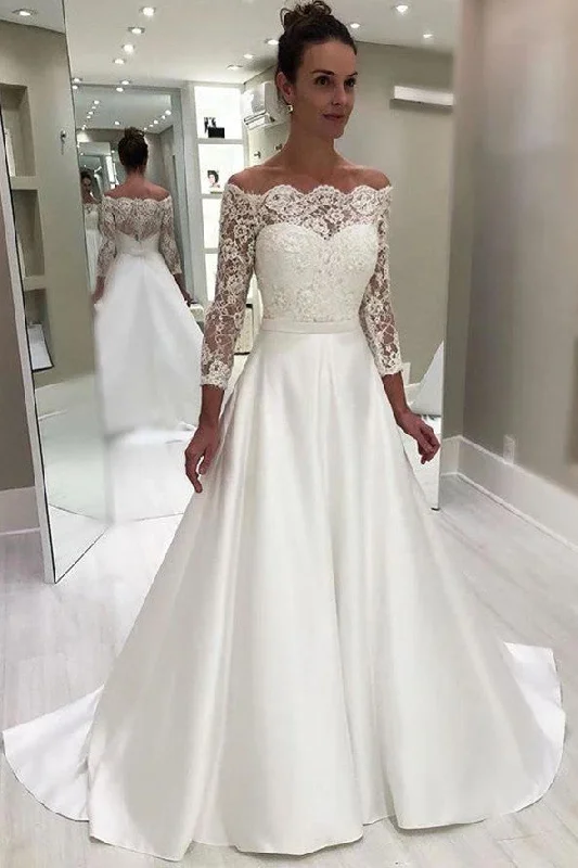 Elegant A-line Sweetheart 3/4 Sleeves White Floor Length Prom/Wedding Dress With Lace Top OK101