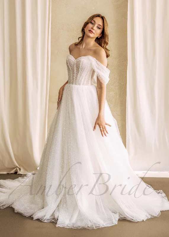 Glittery A-Line Wedding Dress with Off-Shoulder Sweetheart Neckline and Artificial Pearls