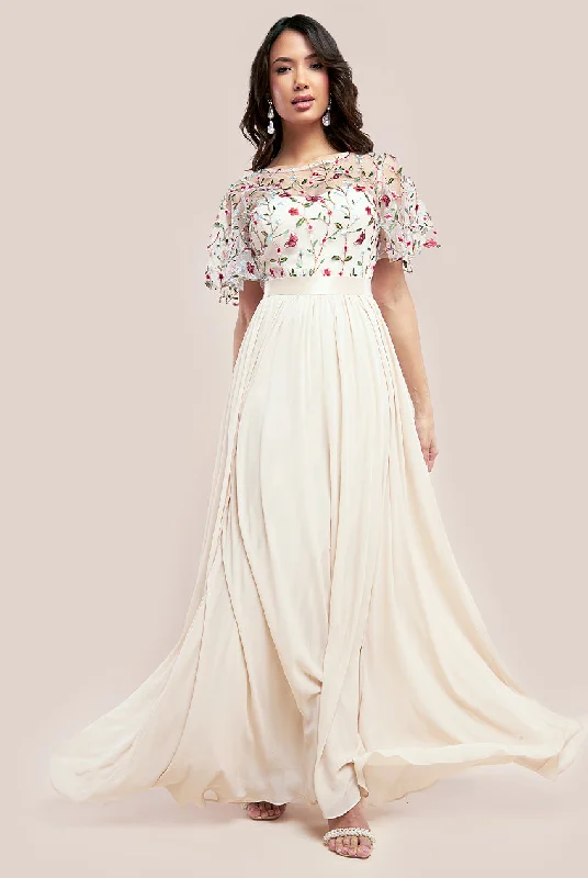 Goddiva Embroidered Top Flutter Sleeve Maxi - Ivory