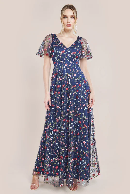 Goddiva Flutter Sleeve Floral Embroidered Maxi - Navy