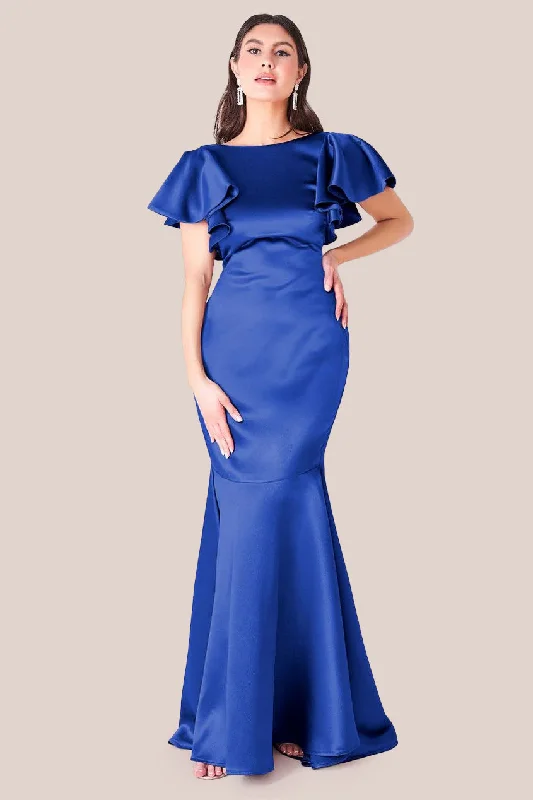 Goddiva Satin Flutter Sleeve Mermaid Maxi - Navy