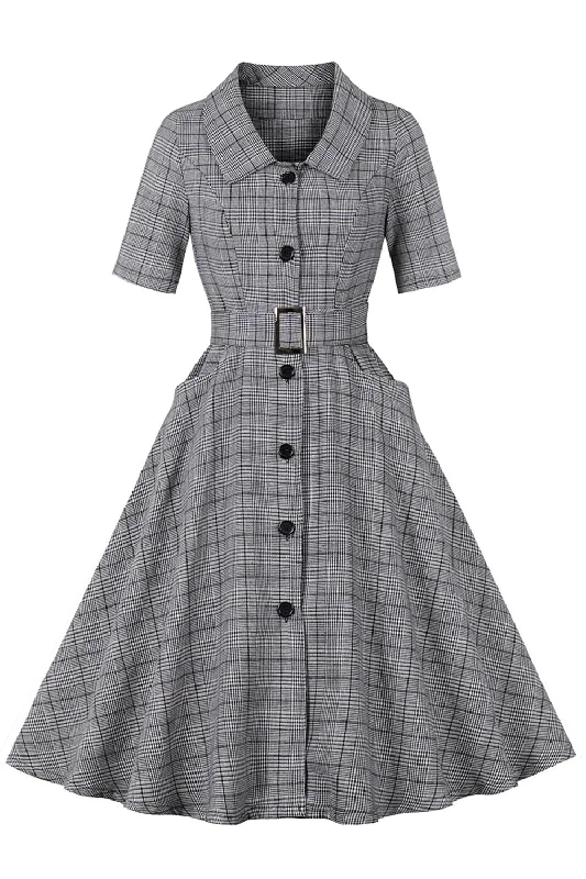 Grey Plaid Lapel Neck Vintage 1950s Dress