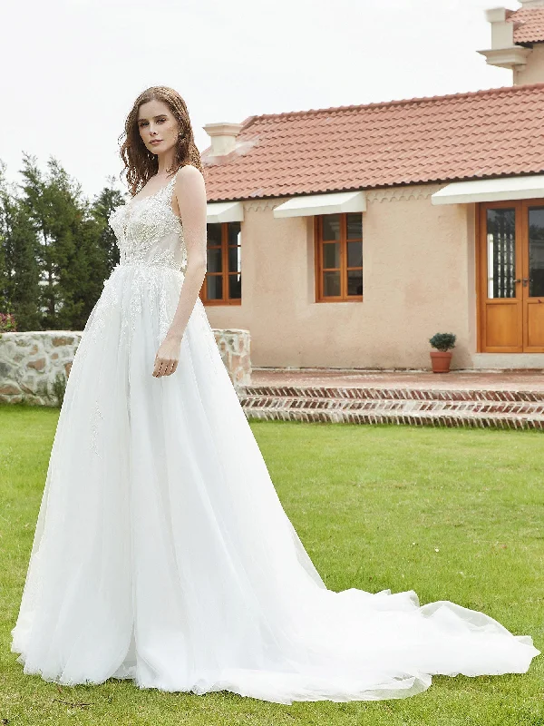 Illusion Plunging V-Neck Lace Bodice Wedding Dress-Ivory