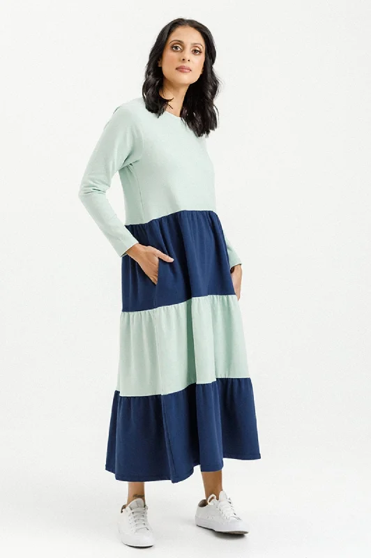 Kendall Long Sleeve Dress - Indigo and Seafoam Panels  $50