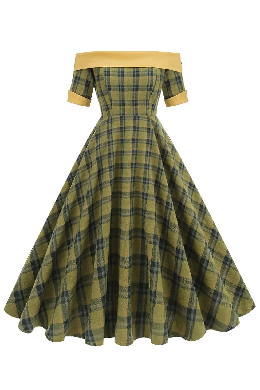 Off The Shoulder Green Grid Vintage 1950s Dress