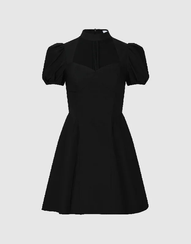 Puff Sleeve Keyhole Neck A-Line Dress