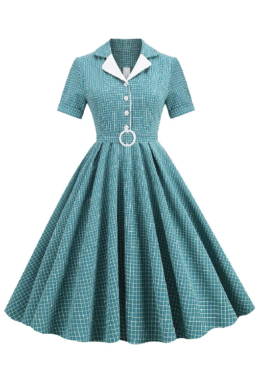 Vintage V Neck Blue Plaid 1950s Dress