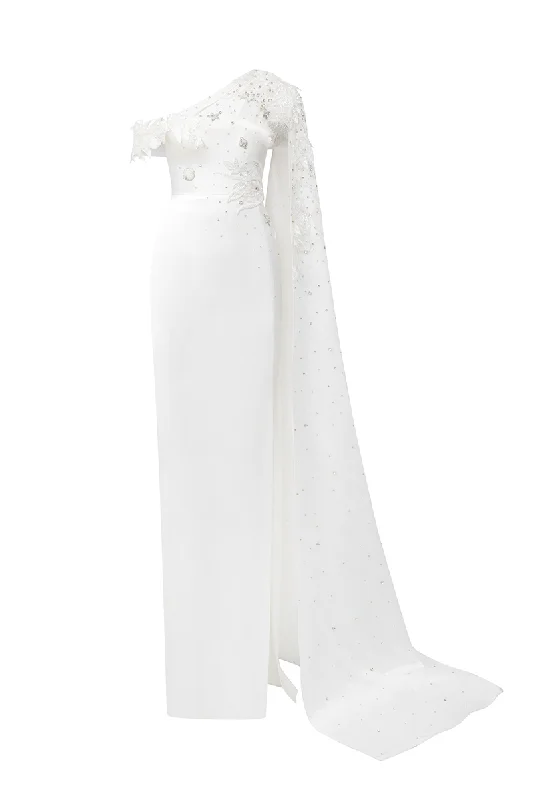 WHITE ASYMMETRIC SLEEVE SIDE SLIT GOWN