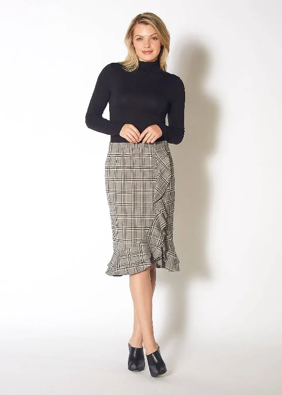 Women's Ruffle Trimmed Pencil Skirt in Black Plaid