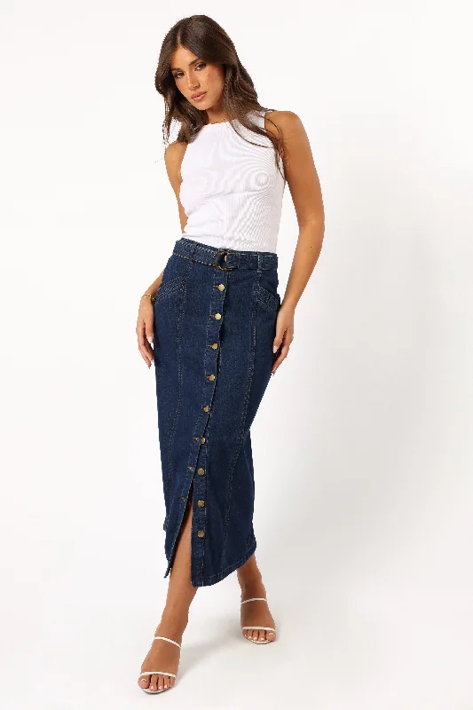 Melody Belted Denim Midi Skirt - Mid Wash