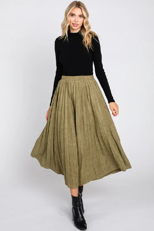 Olive Suede Pleated Midi Skirt